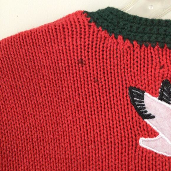 Orvis Vintage Red Flying Geese Sweater W/Green Trim, Cat Tails Cardigan Size XL - Picture 7 of 8